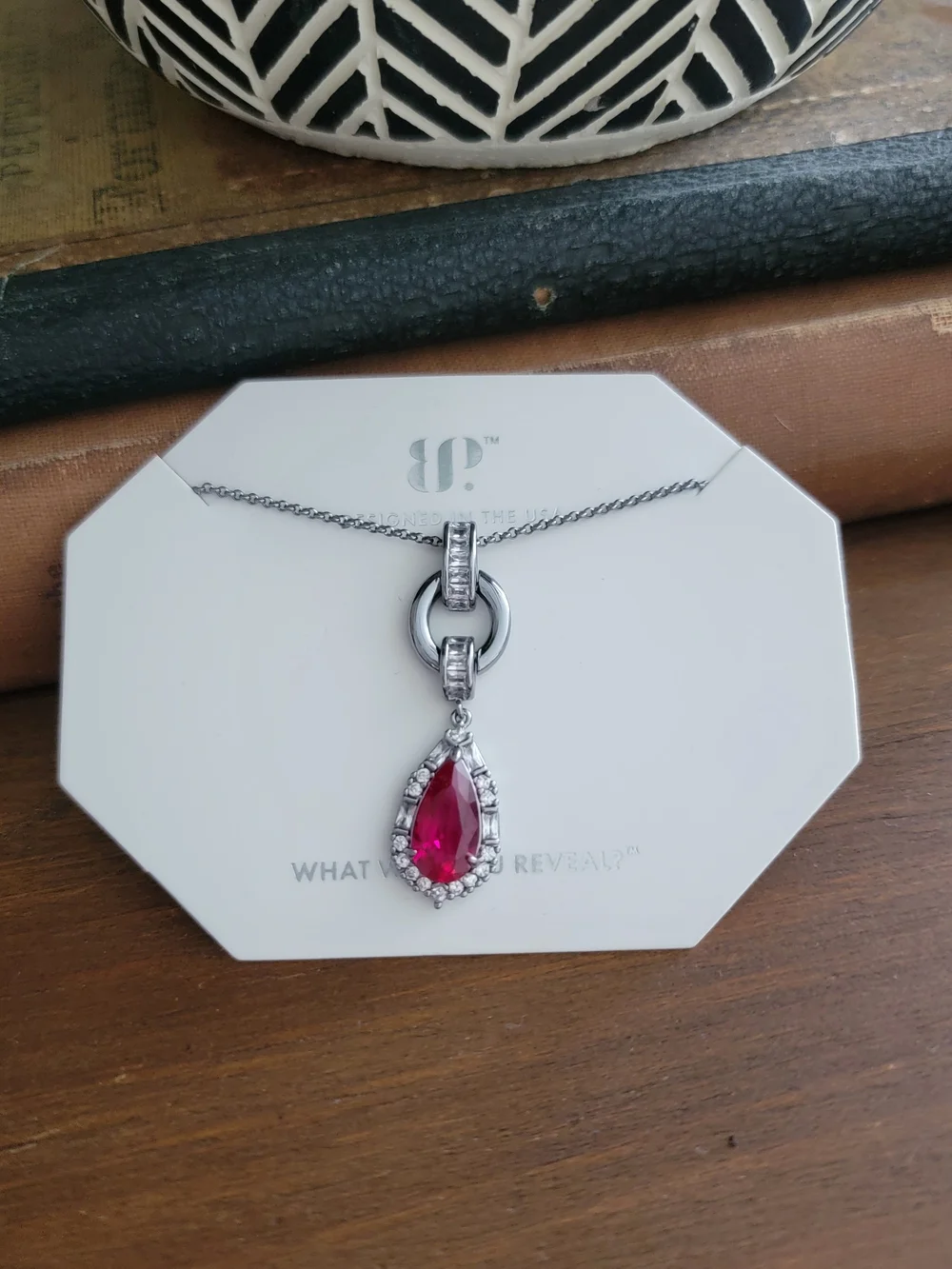 Sterling Silver Pear-Shaped Red Pendant Necklace with Halo